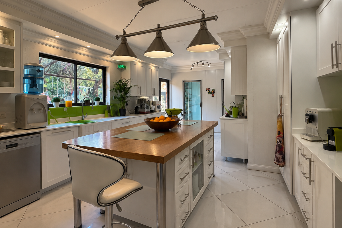 A well-maintained kitchen featuring a central island with a wooden countertop, white cabinetry, tiled flooring, and modern pendant lighting.