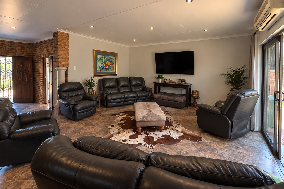 Spacious living room featuring tiled flooring, exposed brick accents, recessed lighting, and sliding glass doors leading to the exterior.