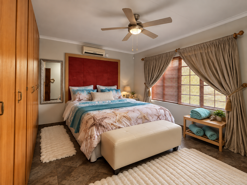 A well-maintained bedroom featuring built-in wooden cupboards, a ceiling fan, split-system air conditioning, and tiled flooring with window treatments.
