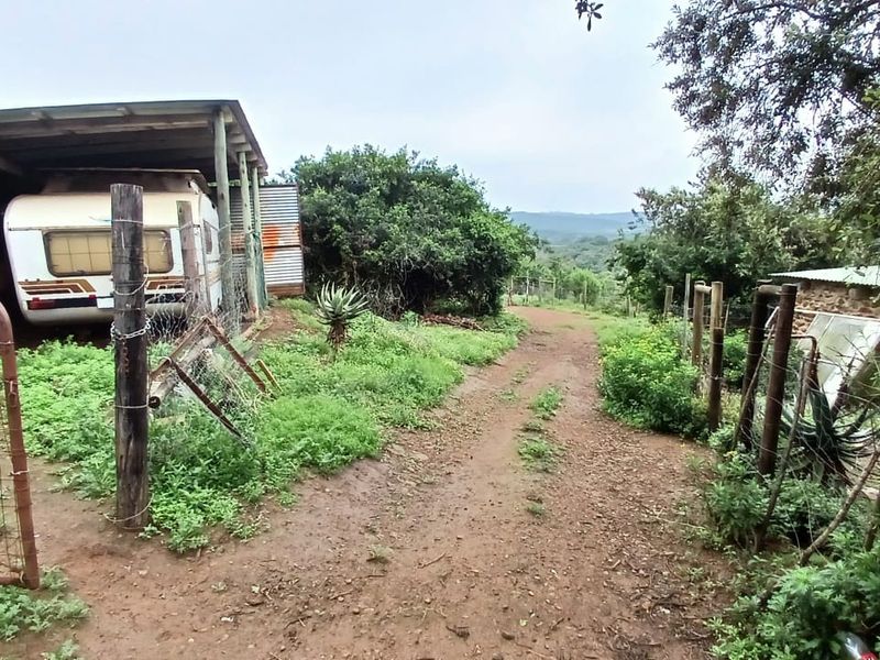 A rural farm exterior view featuring a covered storage structure, dirt access path, and perimeter fencing set against a natural landscape.