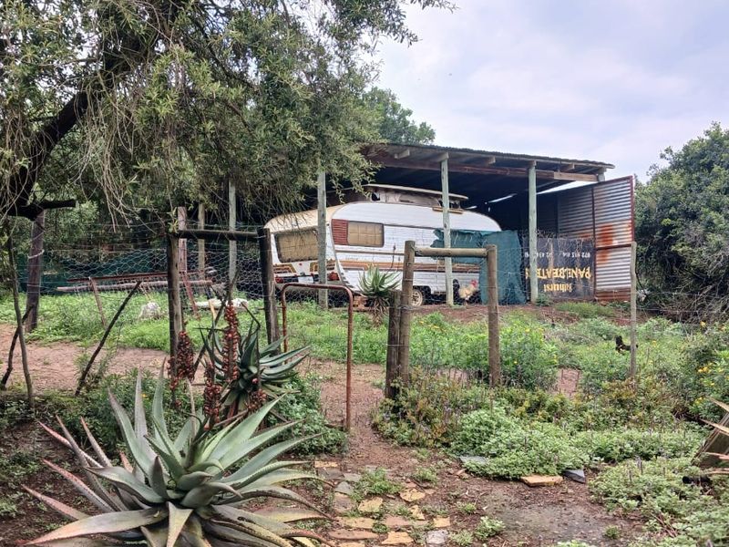 A rustic outdoor area on the farm featuring a simple open-sided shelter structure, wire fencing, and a large water storage tank.