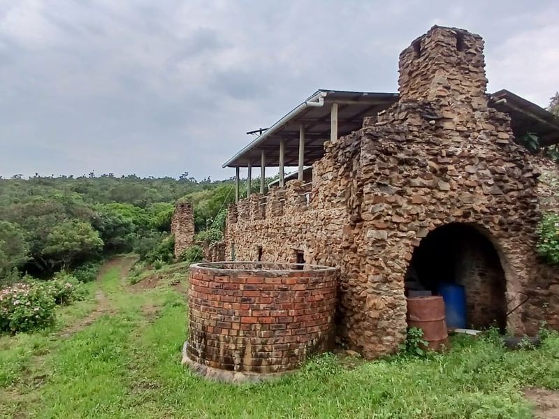 Rustic stone farm structure featuring a prominent stone chimney, covered patio area, and a circular brick water tank set within a natural landscape.