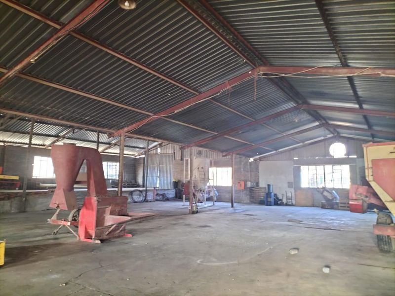 Large industrial utility space featuring high-clearance corrugated metal roofing, exposed steel trusses, and durable concrete flooring, suitable for storage or manufacturing operations.