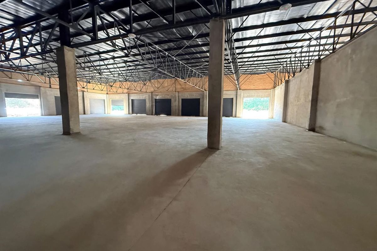 Spacious open-plan retail or industrial warehouse area featuring exposed steel roof trusses, concrete flooring, and multiple roller shutter access points.