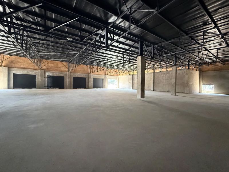 A spacious, open-plan retail or industrial warehouse area featuring exposed steel roof trusses, concrete flooring, and multiple roller shutter doors.