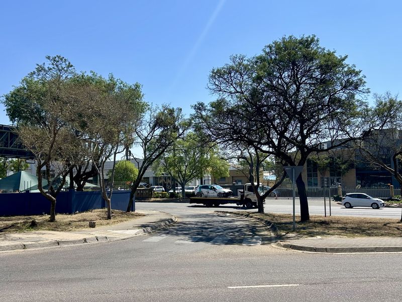 Street level view of the commercial vacant land site, featuring mature trees, paved sidewalk access, and existing perimeter fencing.