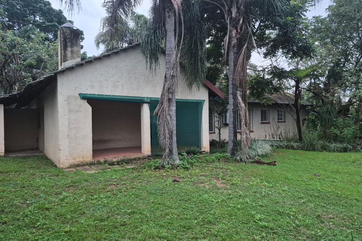 Rear view of the property featuring a covered patio area, masonry chimney, and established garden surroundings.