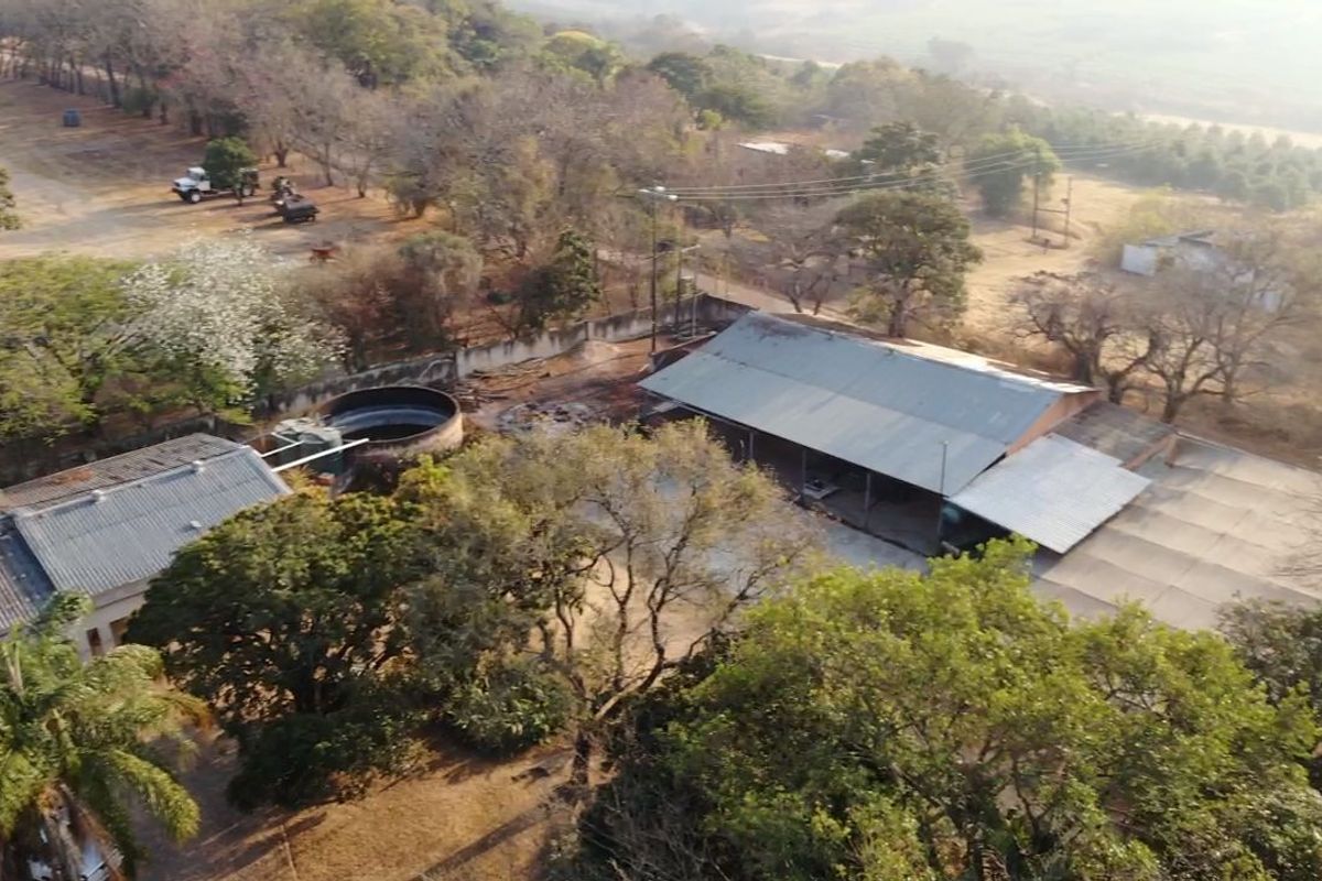 Aerial view of the small holding property featuring multiple outbuildings, corrugated metal roofing, and a water storage tank set within a rural landscape.