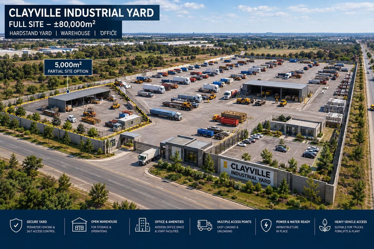 Aerial view of Clayville Industrial Yard featuring a large hardstand yard, warehouse facilities, modern office space, and secure perimeter fencing with access control.