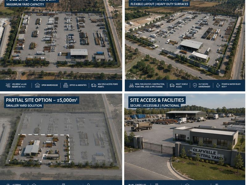 Aerial view of a commercial industrial yard featuring paved surfaces, warehouse facilities, office space, and secure perimeter access.
