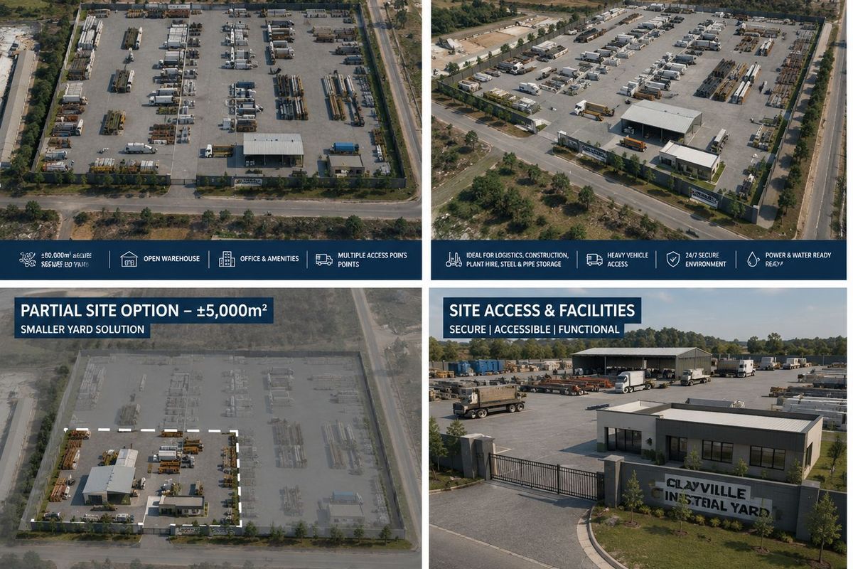 Aerial view of a commercial industrial yard featuring paved surfaces, warehouse facilities, office space, and secure perimeter access.