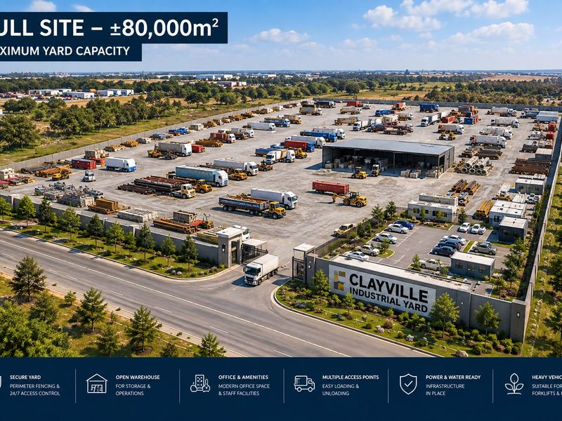 Aerial view of a large 80,000sqm industrial yard featuring perimeter fencing, access control, open warehouse space, and office facilities suitable for heavy vehicle operations.