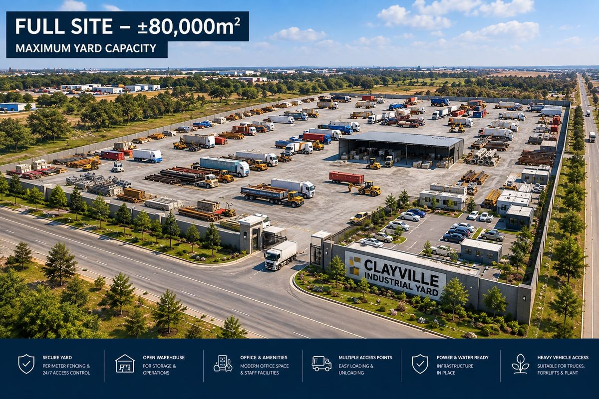 Aerial view of a large 80,000sqm industrial yard featuring perimeter fencing, access control, open warehouse space, and office facilities suitable for heavy vehicle operations.