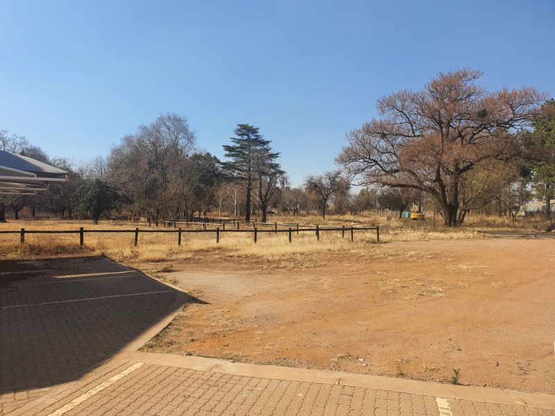 A view of the vacant commercial land featuring a paved parking area, timber fencing, and established trees under a clear sky.