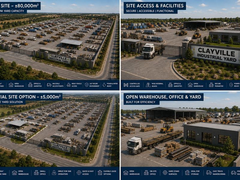 Aerial view of Clayville Industrial Yard featuring extensive hardstand storage, warehouse facilities, office space, and secure perimeter access.
