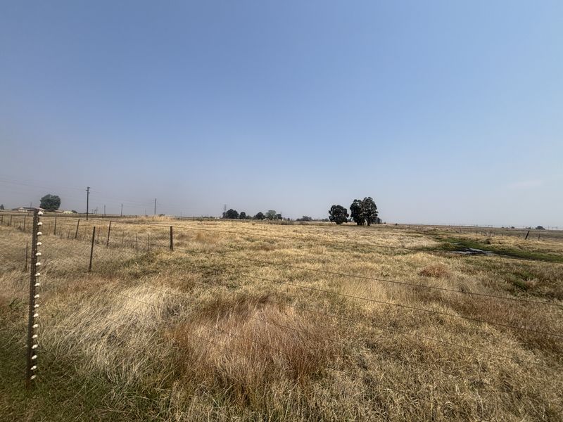 Expansive open field on a small holding property, featuring established wire and electric perimeter fencing under a clear sky.