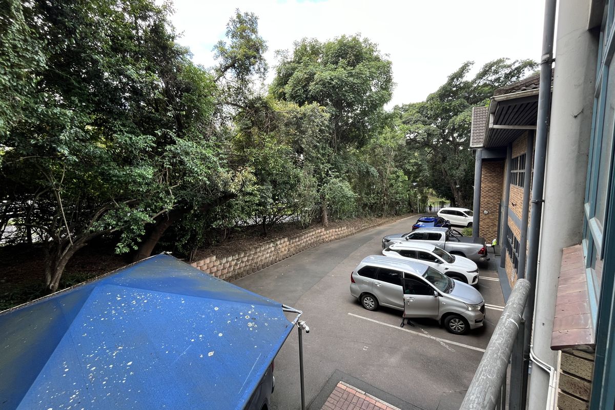 An elevated view of the office building's exterior parking area, featuring paved bays, a shade-cloth structure, and surrounding mature trees.