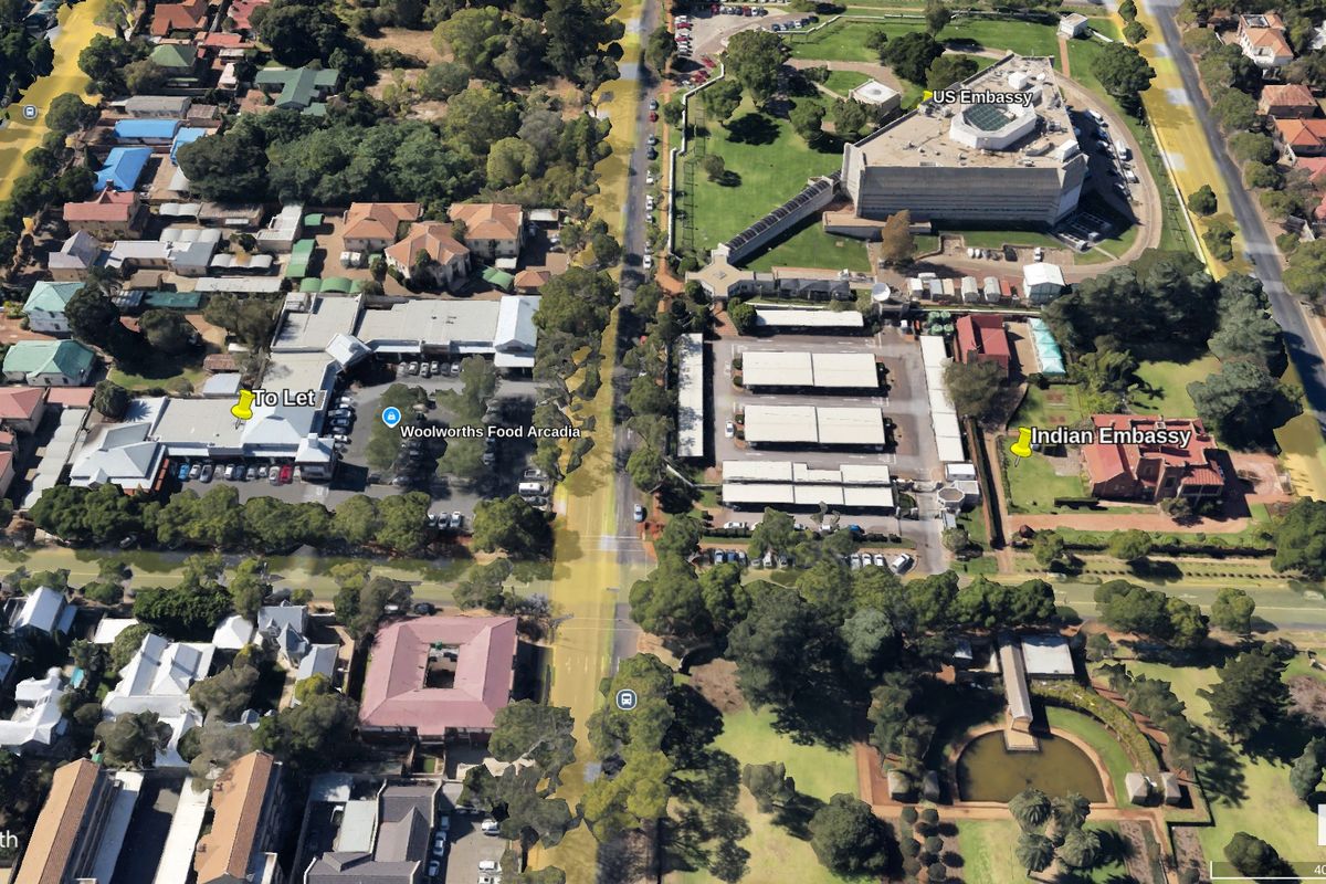 Aerial view of the Arcadia area showing commercial retail space, parking facilities, and surrounding urban infrastructure.