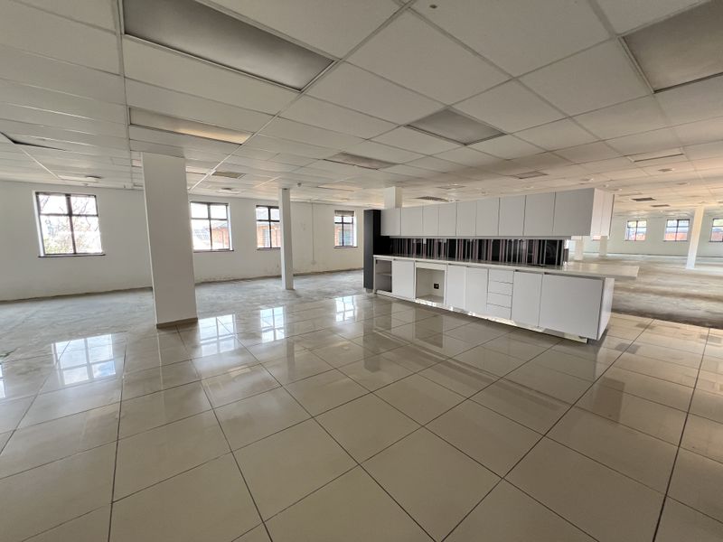 Spacious open-plan office area featuring a suspended ceiling, tiled flooring, and a built-in kitchenette unit, offering a versatile workspace layout.