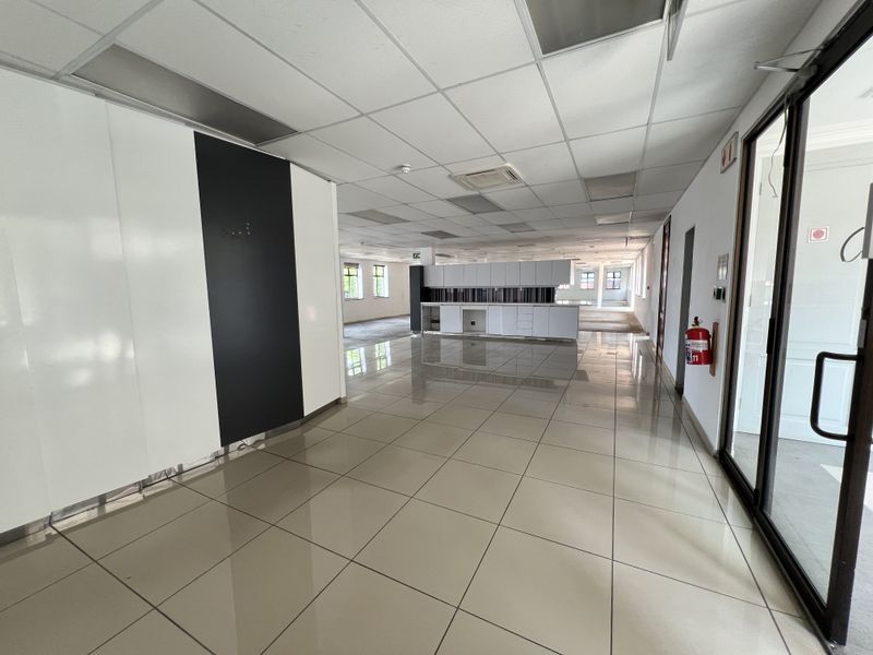 Spacious open-plan office area featuring tiled flooring, suspended ceilings with recessed lighting, and built-in storage cabinetry, offering a versatile workspace layout.