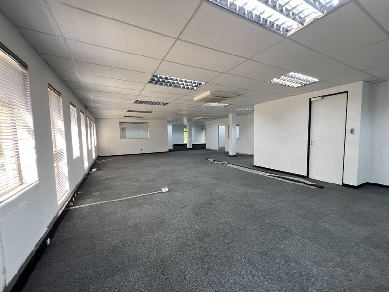 A spacious, vacant open-plan office area featuring suspended ceilings, recessed lighting, carpeted floors, and large windows with venetian blinds.