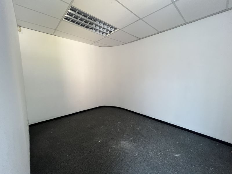 A vacant office space featuring a suspended ceiling with recessed lighting and dark carpet flooring, providing a clean, neutral environment for professional use.