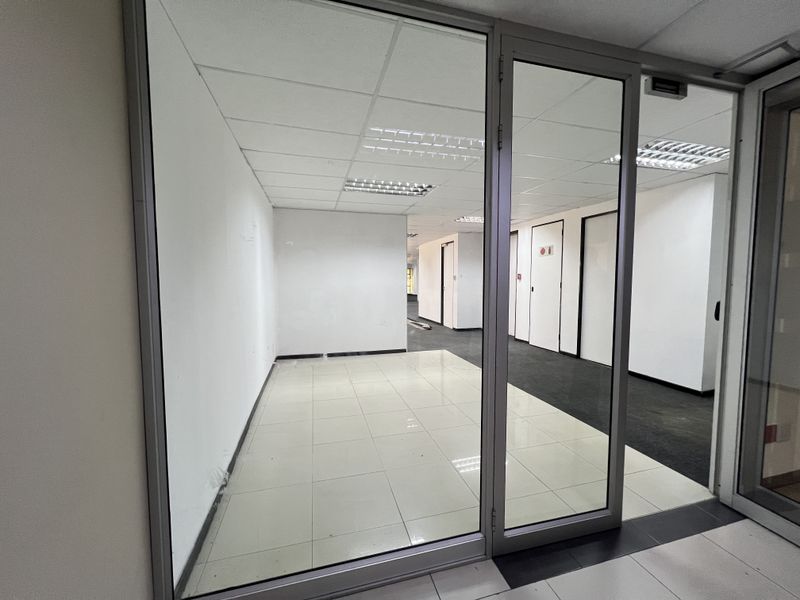 A vacant office space featuring glass partitions, suspended ceilings with recessed lighting, and a combination of tiled and carpeted flooring.