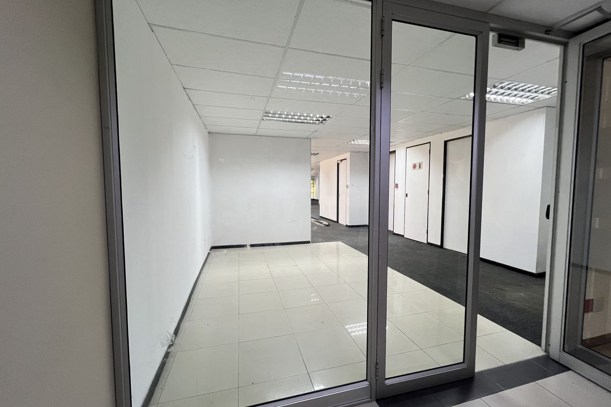 A vacant office space featuring glass partitions, suspended ceilings with recessed lighting, and a combination of tiled and carpeted flooring.