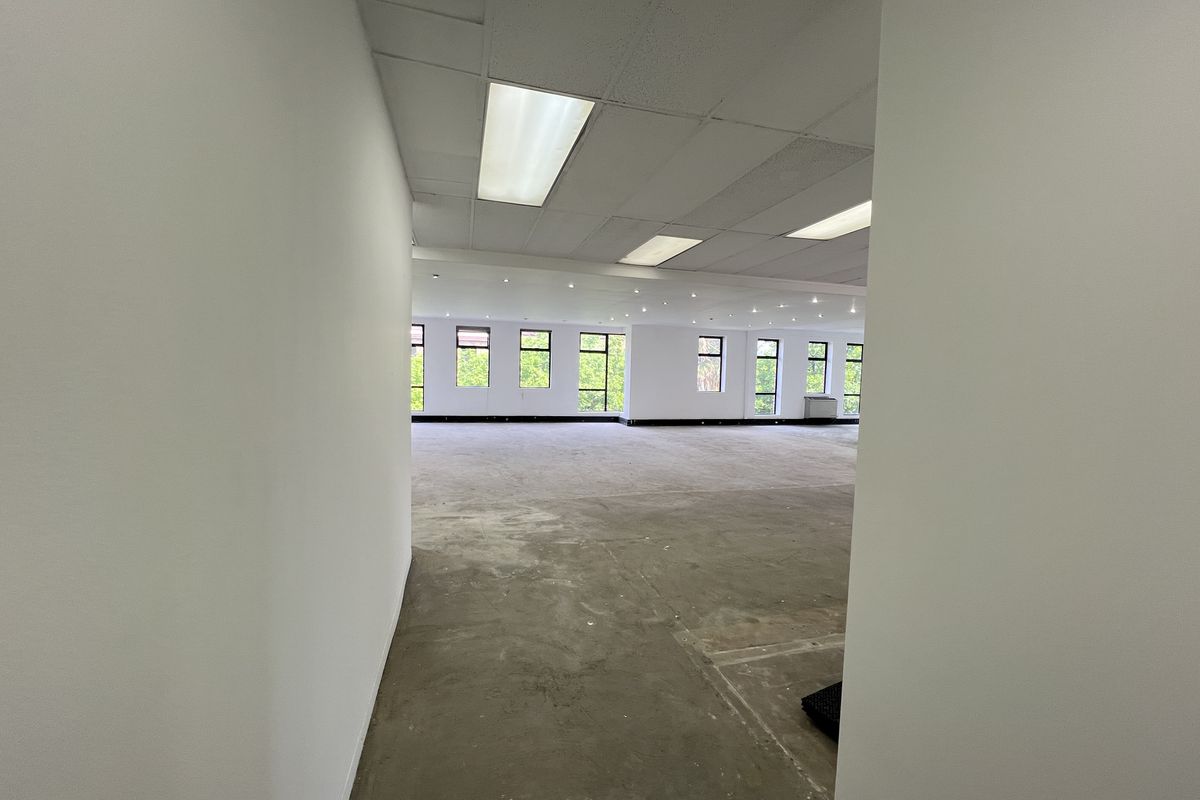 A spacious, open-plan office area featuring large windows, suspended ceilings with recessed lighting, and unfinished concrete flooring, ready for custom fit-out.