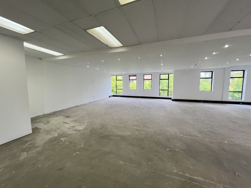 A spacious, vacant open-plan office area featuring a suspended ceiling, recessed lighting, and large windows providing ample natural light.