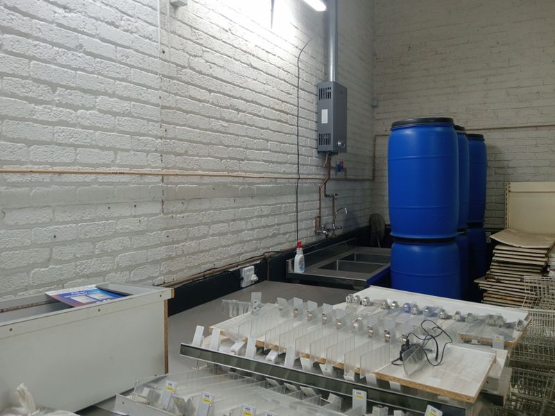 Industrial utility space featuring exposed brick walls, a stainless steel sink, and a wall-mounted gas water heater with exposed plumbing.