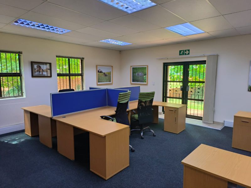 A functional office space featuring carpeted flooring, suspended ceilings with recessed lighting, security bars on windows, and a secure glass door leading outdoors.