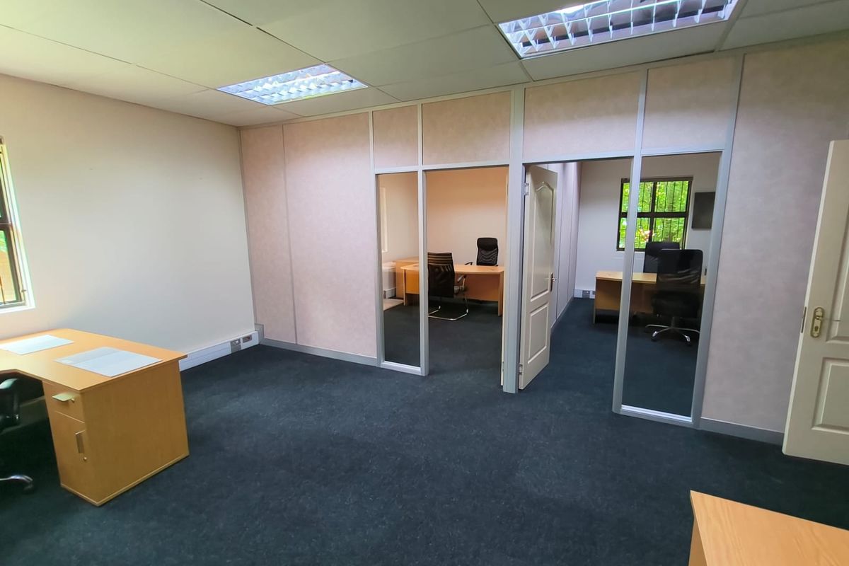 Professional office space featuring modular partition walls, glass-paneled doors, suspended ceilings with recessed lighting, and dark carpeting throughout the workspace.