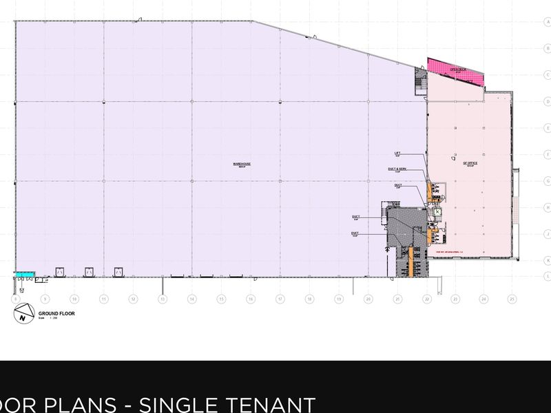 A detailed ground floor plan for a single-tenant industrial property, highlighting the warehouse, office space, and service areas.
