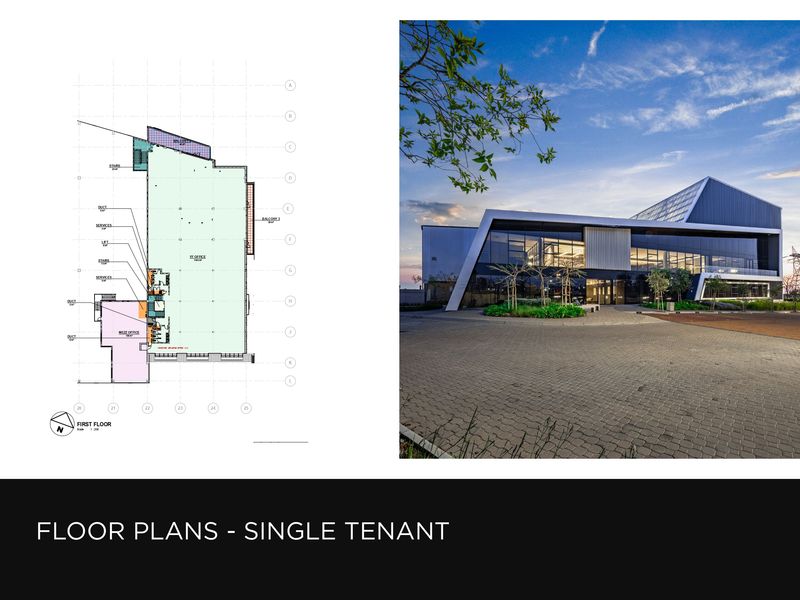 A composite image featuring a professional architectural floor plan alongside an exterior view of a modern industrial office building.