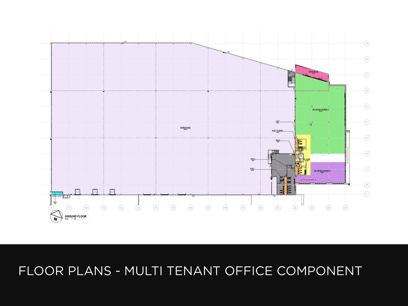 Architectural ground floor plan showing the layout of the warehouse and multi-tenant office components.