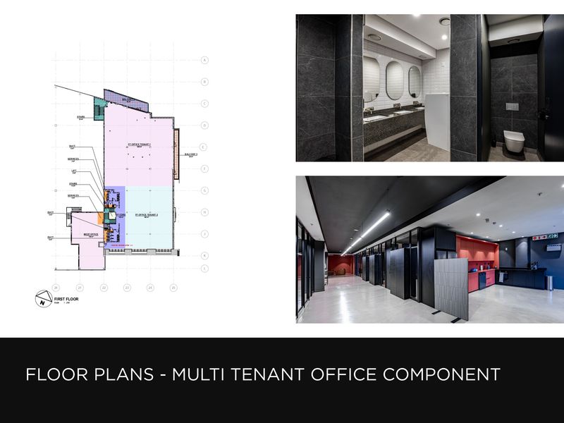 A composite image featuring a floor plan layout alongside interior views of a modern office restroom and a communal kitchen area.