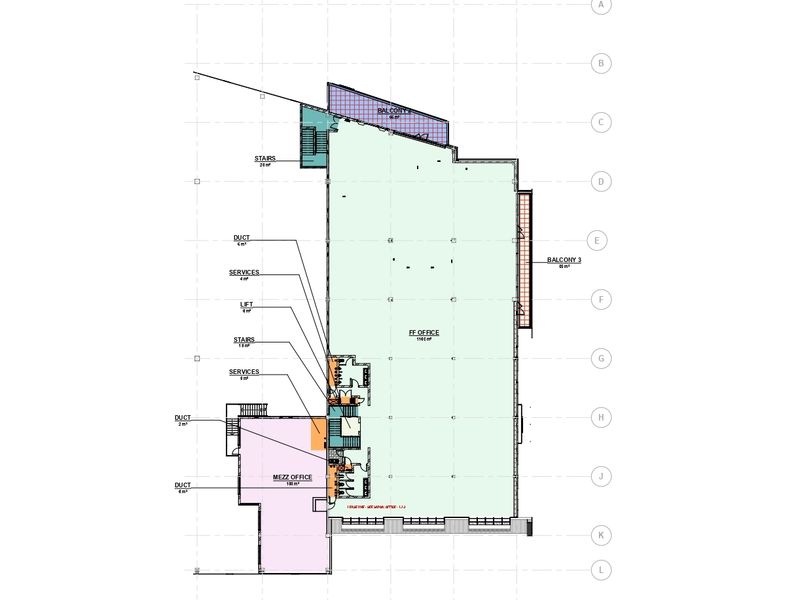 Architectural floor plan showing the layout of the first floor, including office spaces, balconies, stairs, and service areas.