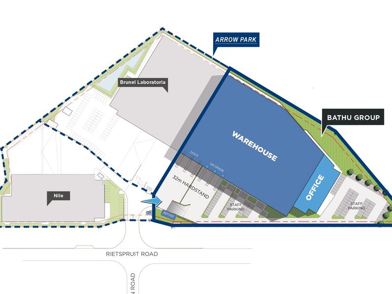 Site plan showing the layout of the industrial property, including warehouse, office space, hardstand area, loading docks, and staff parking facilities.