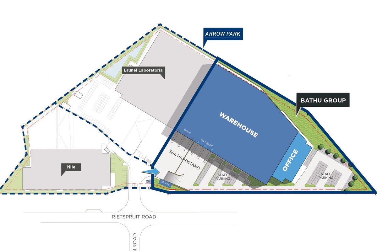 Site plan showing the layout of the industrial property, including warehouse, office space, hardstand area, loading docks, and staff parking facilities.