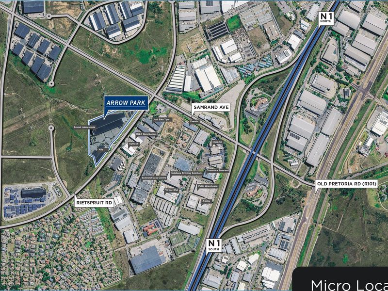 Aerial view showing the micro locality of Arrow Park with proximity to major transport routes including the N1 highway and Samrand Avenue.