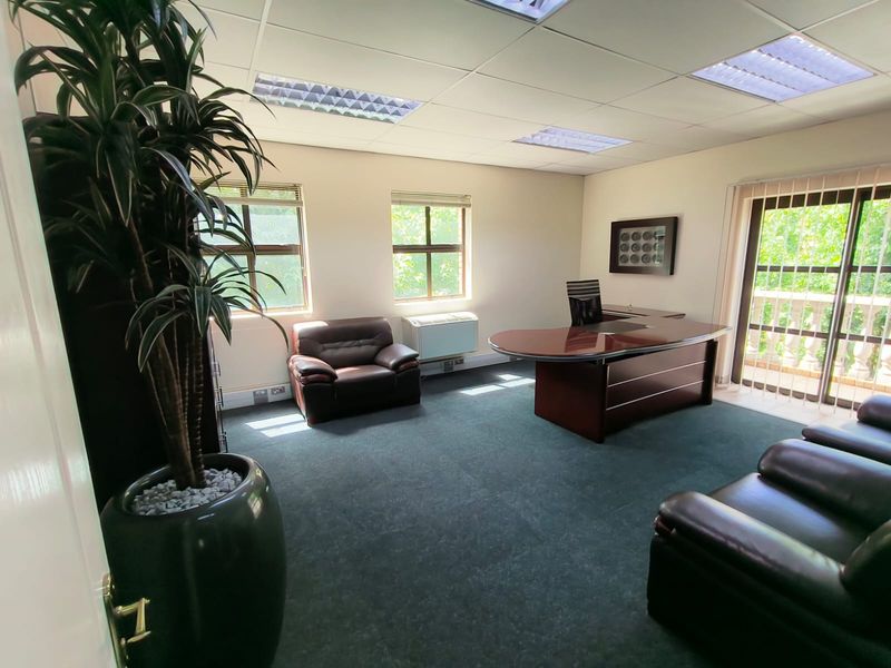A professional office space featuring a suspended ceiling with recessed lighting, carpeted flooring, and a sliding glass door leading to an outdoor area.