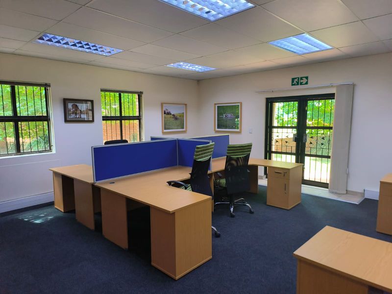 A functional office space featuring suspended ceilings, recessed lighting, security bars on windows, and a secure glass door leading to the exterior.