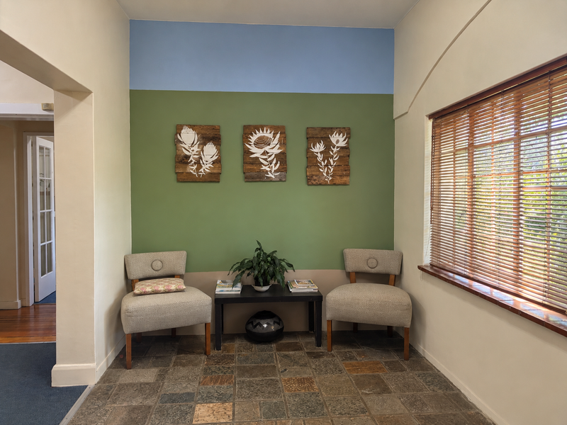 A bright office waiting area featuring natural stone tile flooring, large windows with wooden blinds, and a decorative multi-toned accent wall.