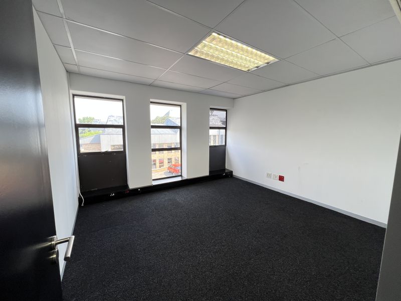 A clean, empty commercial office space featuring dark carpeting, suspended ceiling with recessed lighting, and large windows providing natural light.