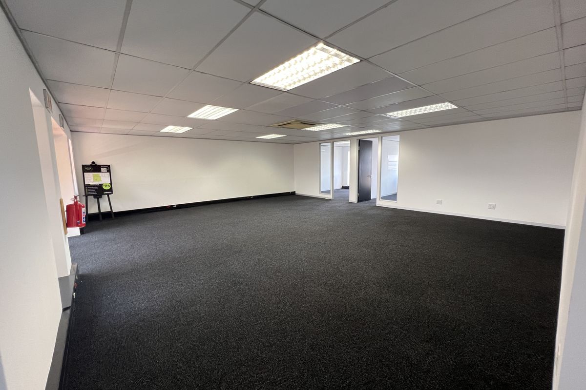 A spacious, open-plan commercial office area featuring a suspended ceiling, recessed lighting, and dark carpeting, offering a clean and professional workspace.