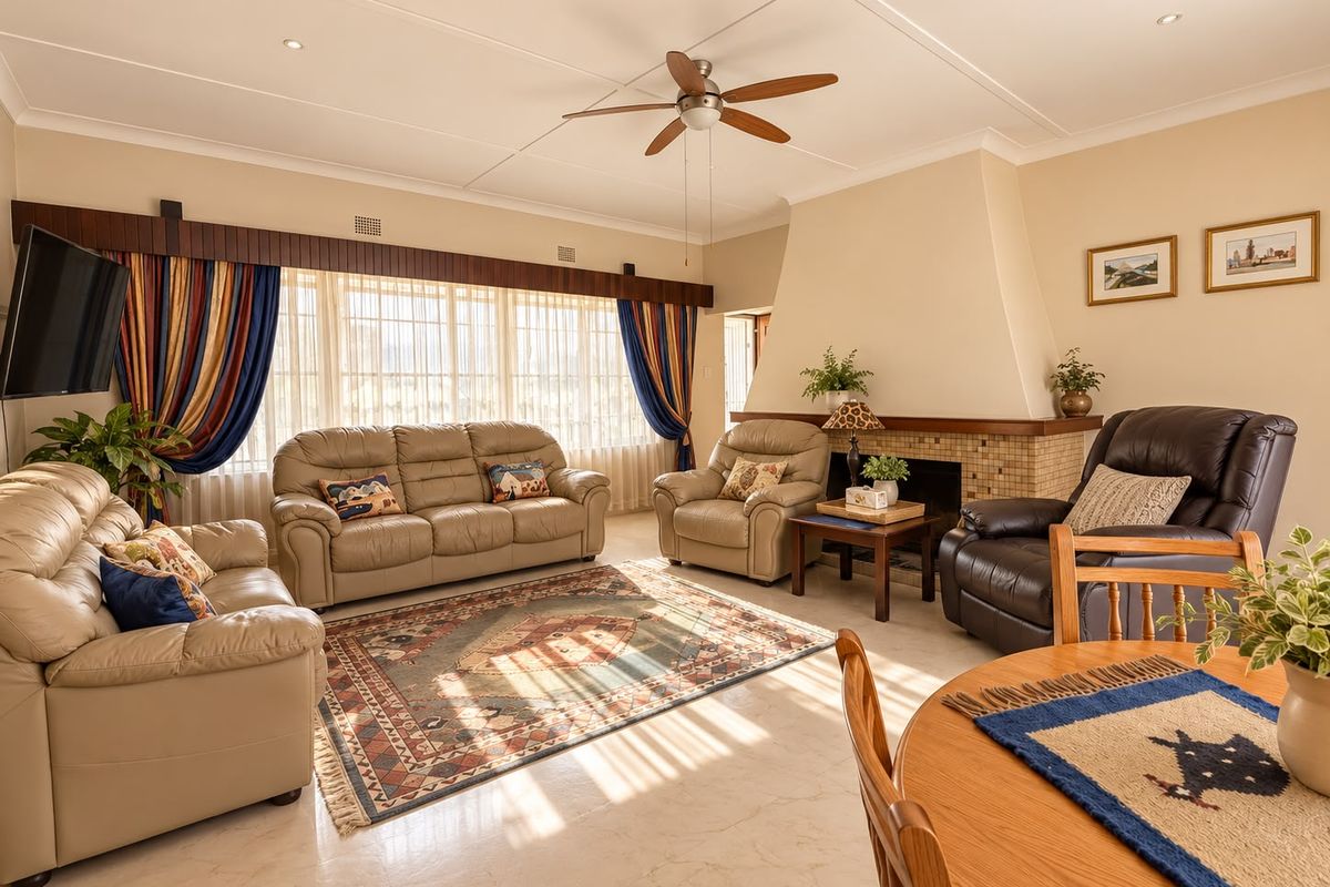 A spacious living room featuring a central fireplace with a tiled hearth, ceiling fan, recessed lighting, and large windows allowing for ample natural light.
