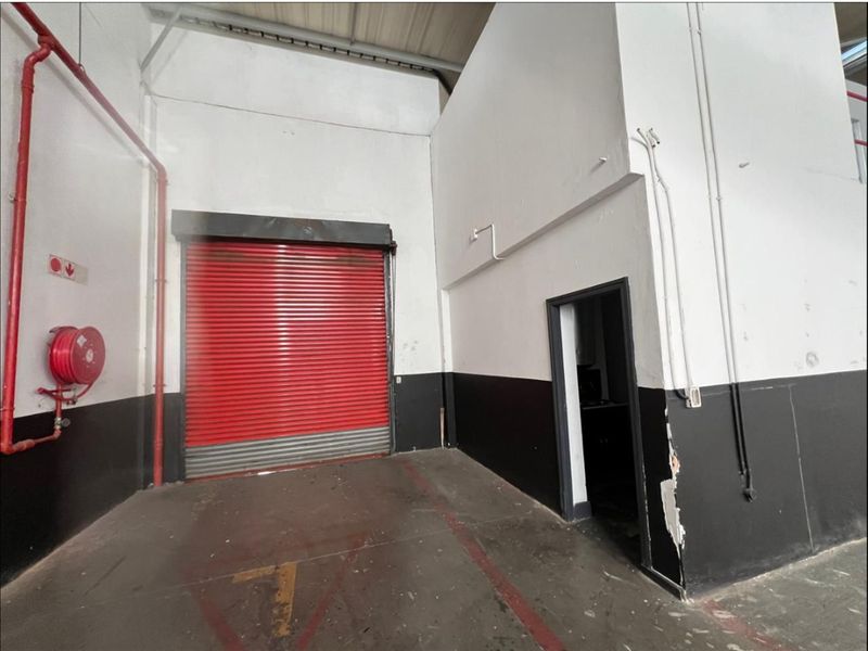 Industrial utility space featuring a red roller shutter door, exposed fire safety infrastructure, and concrete flooring with painted markings.