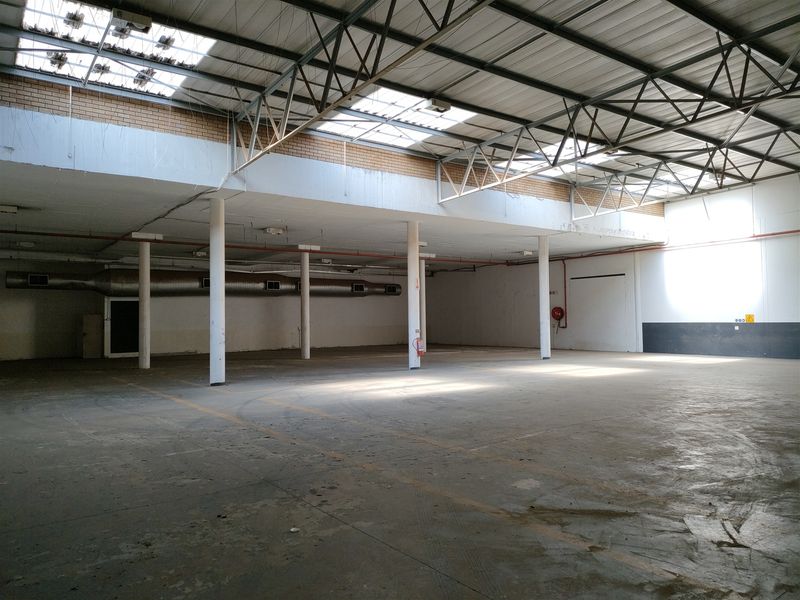 Spacious industrial warehouse area featuring exposed steel roof trusses, skylights, concrete flooring, and functional ventilation ducting, suitable for various commercial or storage applications.