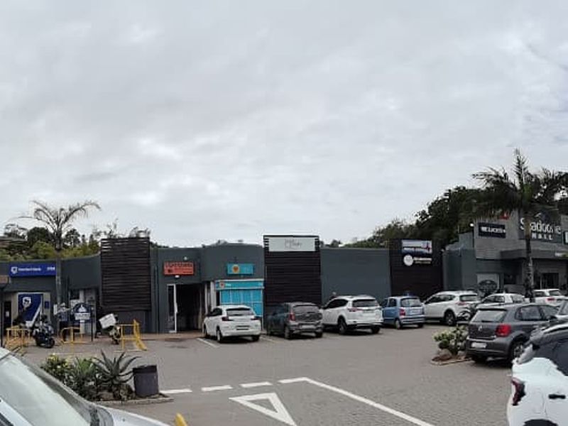 A panoramic view of a retail shopping center exterior featuring multiple storefronts, signage, and a paved parking lot for customers.